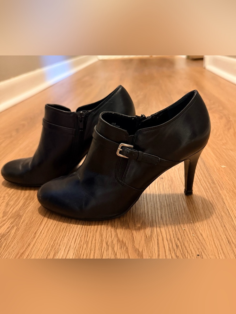 Nine West Women's Black Leather High-Heel Ankle Booties with Buckle